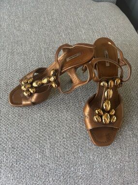Miu Miu Metallic Bronze Leather T-Strap Sandals with Gold Bead Accents
